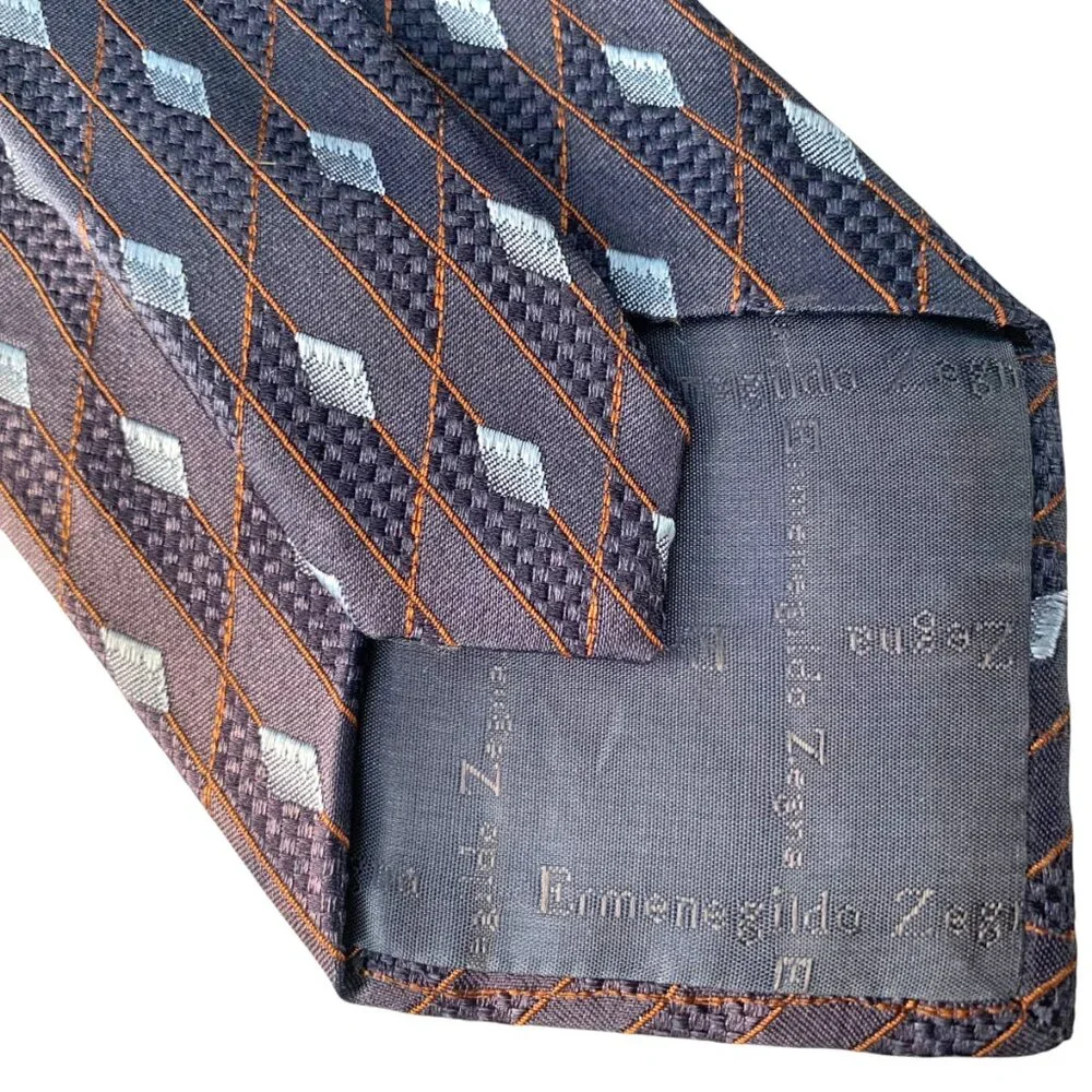 ERMENEGILDO ZEGNA Navy‎ Silk Embroidered Slate Blue Diamond Neck Tie